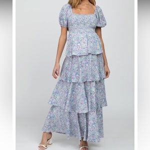 Blue Floral Square Neck Ruffle Layered Maternity Maxi Dress from PinkBlush